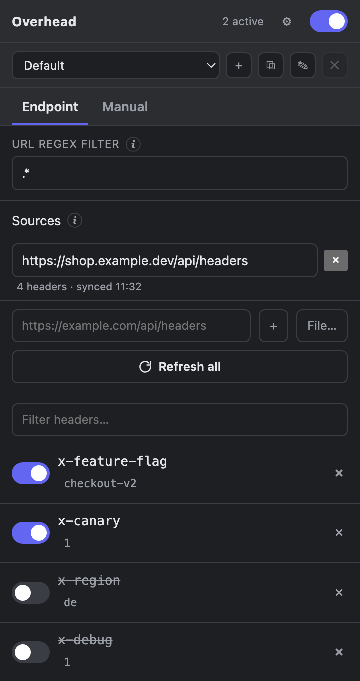 Overhead's Endpoint tab: a JSON source URL with fetched headers, each toggleable.