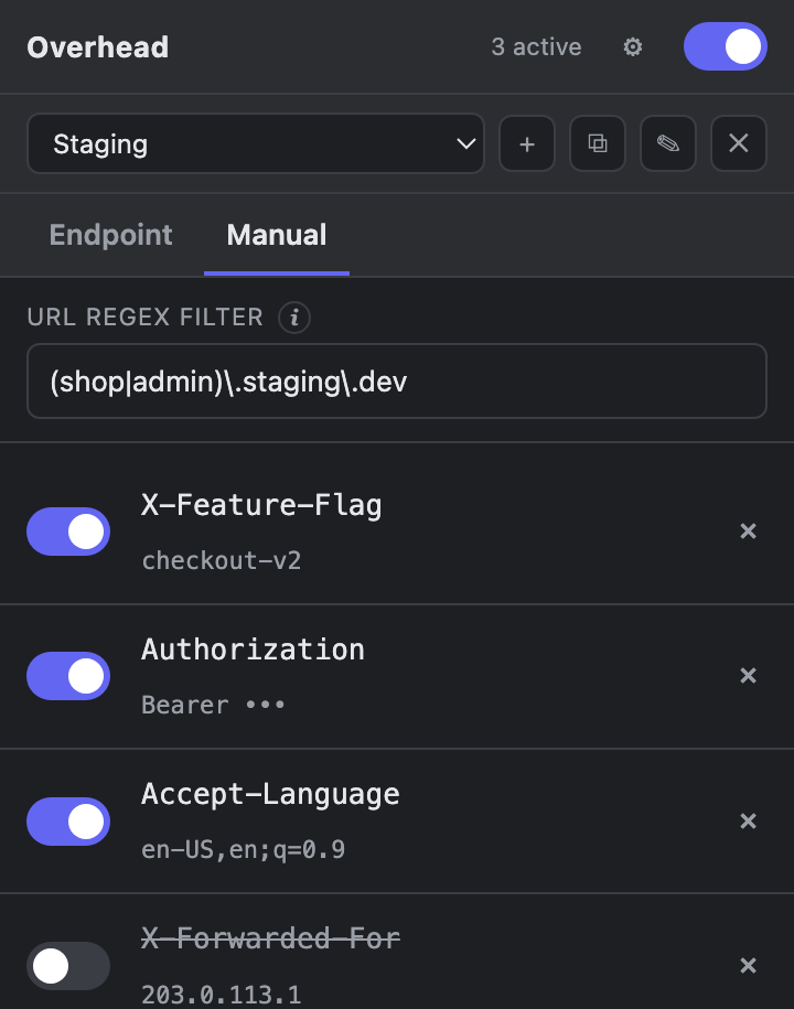 Overhead's Manual tab in dark theme: four request headers, three toggled on and one off, scoped by a URL regex.