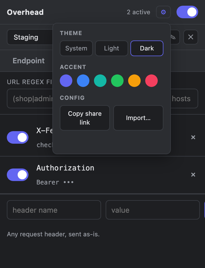 Overhead's settings popover: theme (System/Light/Dark), six accent swatches, and Copy-share-link / Import config buttons.